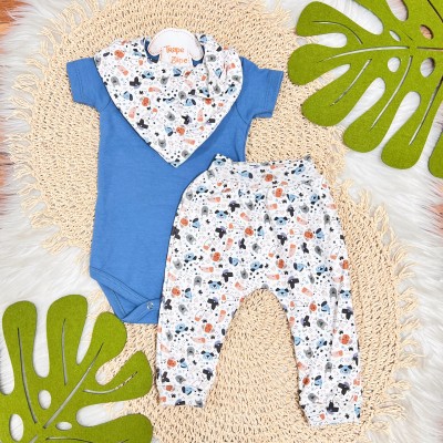 Conj. Body Manga Curta, Babador Bandana e Calça Cachorrinhos - Azul Jeans e Off White